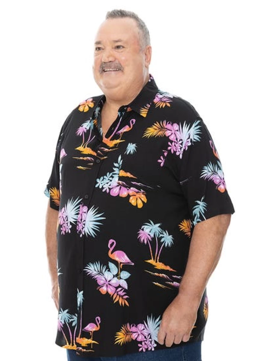 Built N Fit Men's Flamingo Print Short Sleeve Hawaiian Shirt - Big & Tall Tropical Vacation Shirt