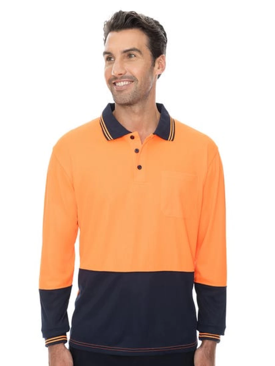 Traders Men's High Visibility Long Sleeve Polo Shirt - Orange & Navy Safety Workwear