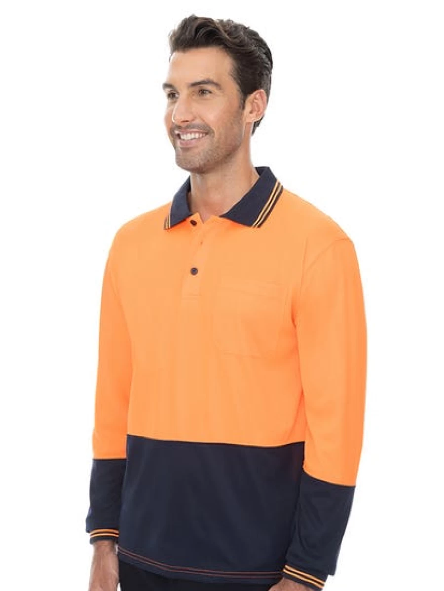 Traders Men's High Visibility Long Sleeve Polo Shirt - Orange & Navy Safety Workwear