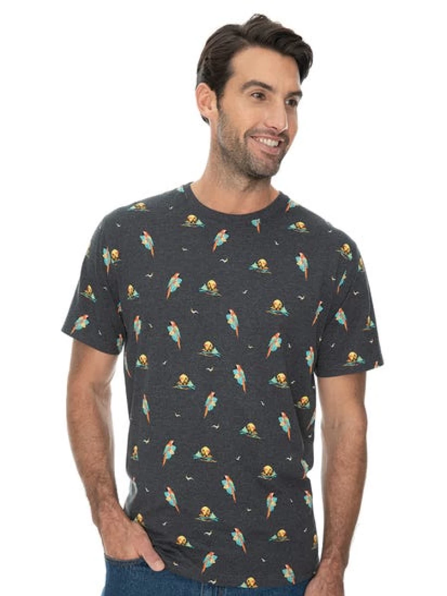 Lowes Men's Parrot Print Grey Cotton T-Shirt Casual Short Sleeve Tee