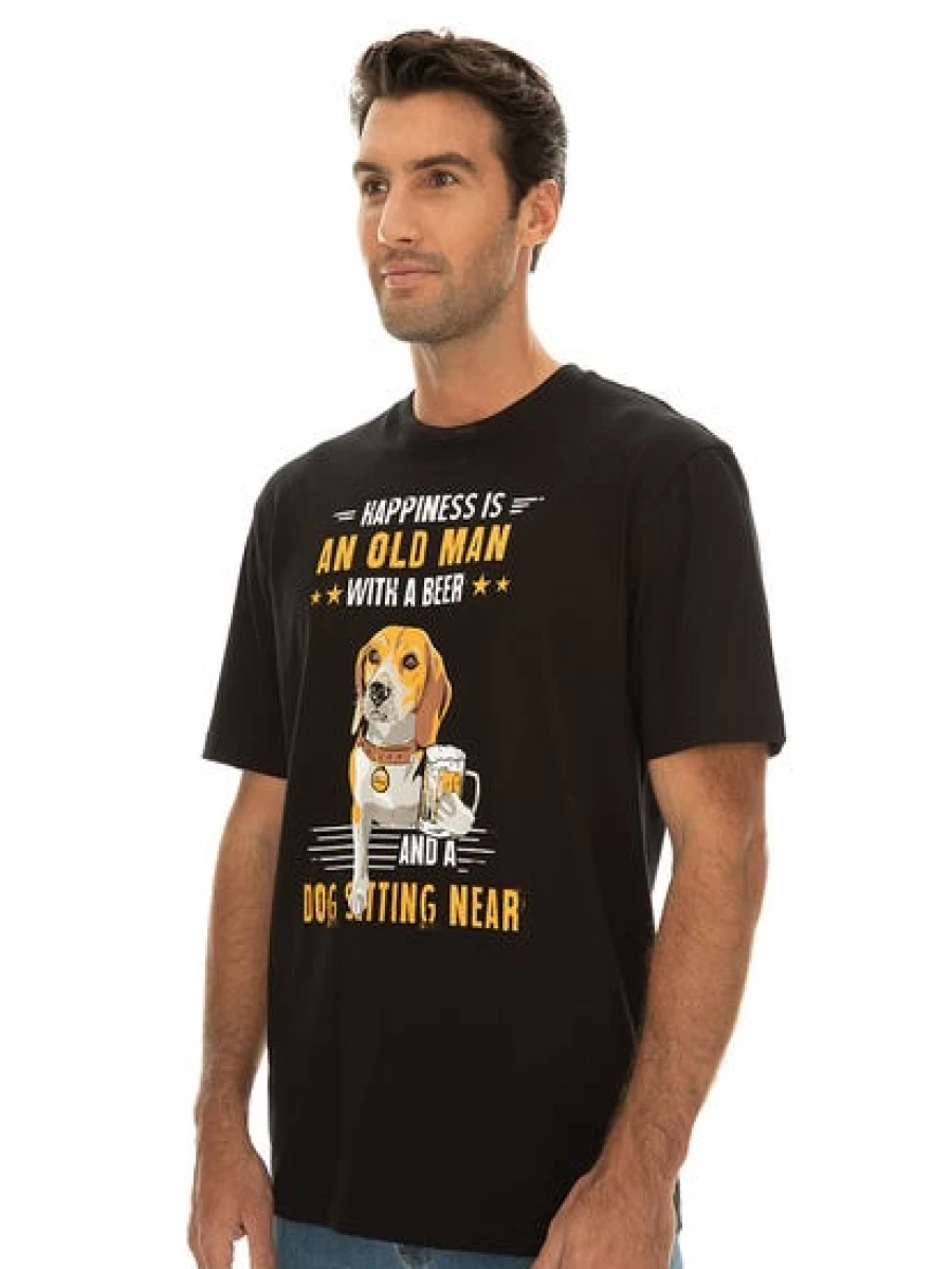 Lowes Men's Vintage Happiness Old Man and Dog Graphic T-Shirt - Black Casual Tee