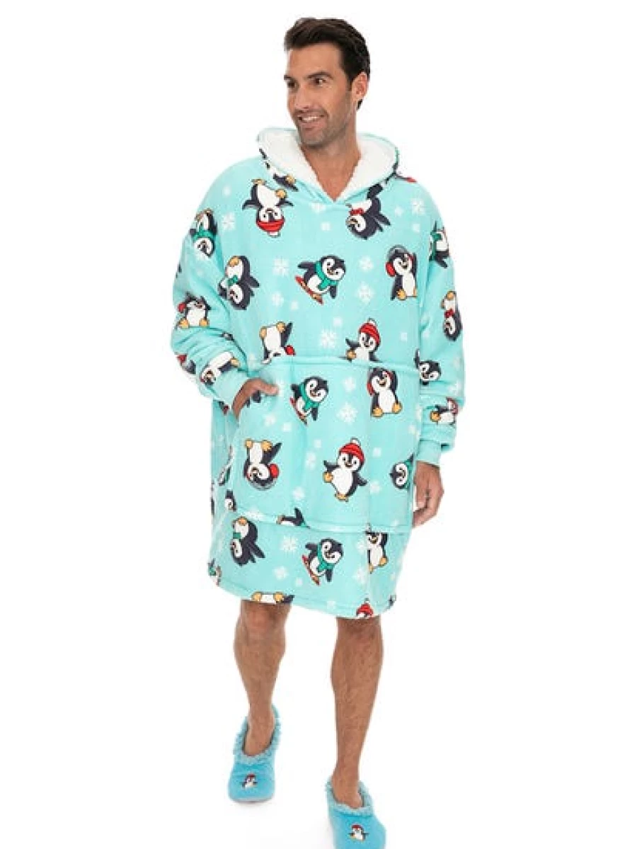 Lowes Men's Penguin Blue Hooded Blanket - Cozy Fleece Wearable Throw for Warmth