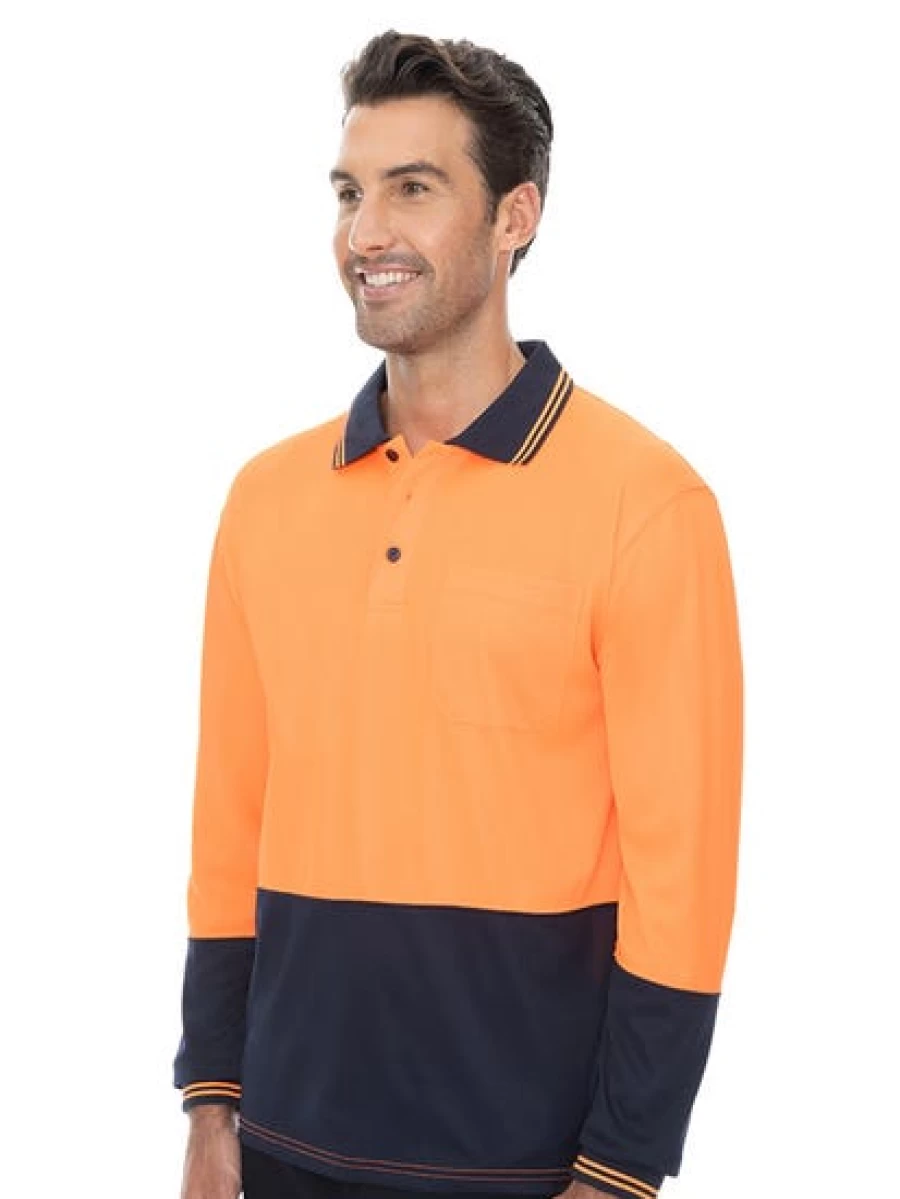 Traders Men's High Visibility Long Sleeve Polo Shirt - Orange & Navy Safety Workwear