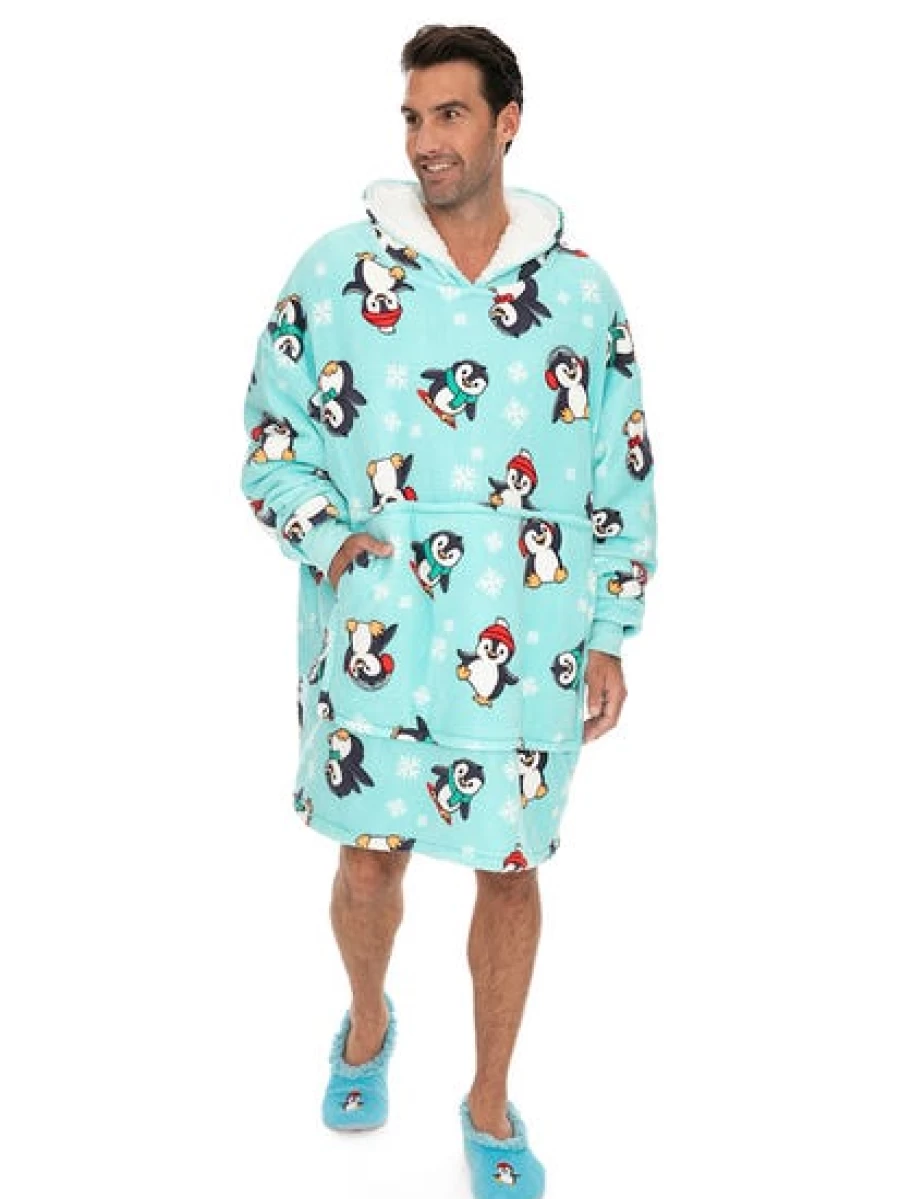 Lowes Men's Penguin Blue Hooded Blanket - Cozy Fleece Wearable Throw for Warmth