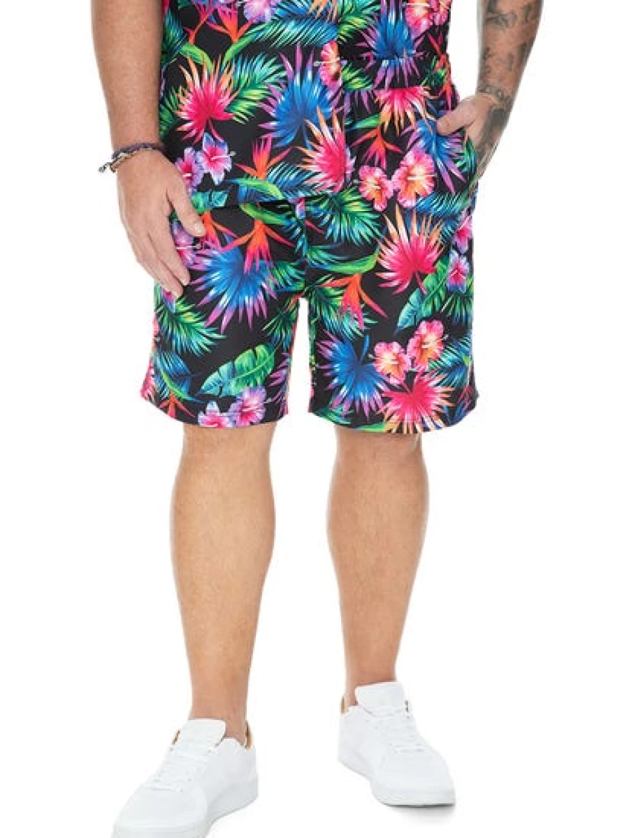 BUILT N FIT Men's Bright Tropical Print Workout Shorts - Quick Dry Gym & Running Shorts
