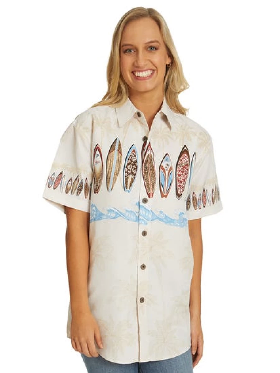 Lowes Hawaiian Shirt for Men & Women - Ivory Surfboard Print Aloha Beach Shirt