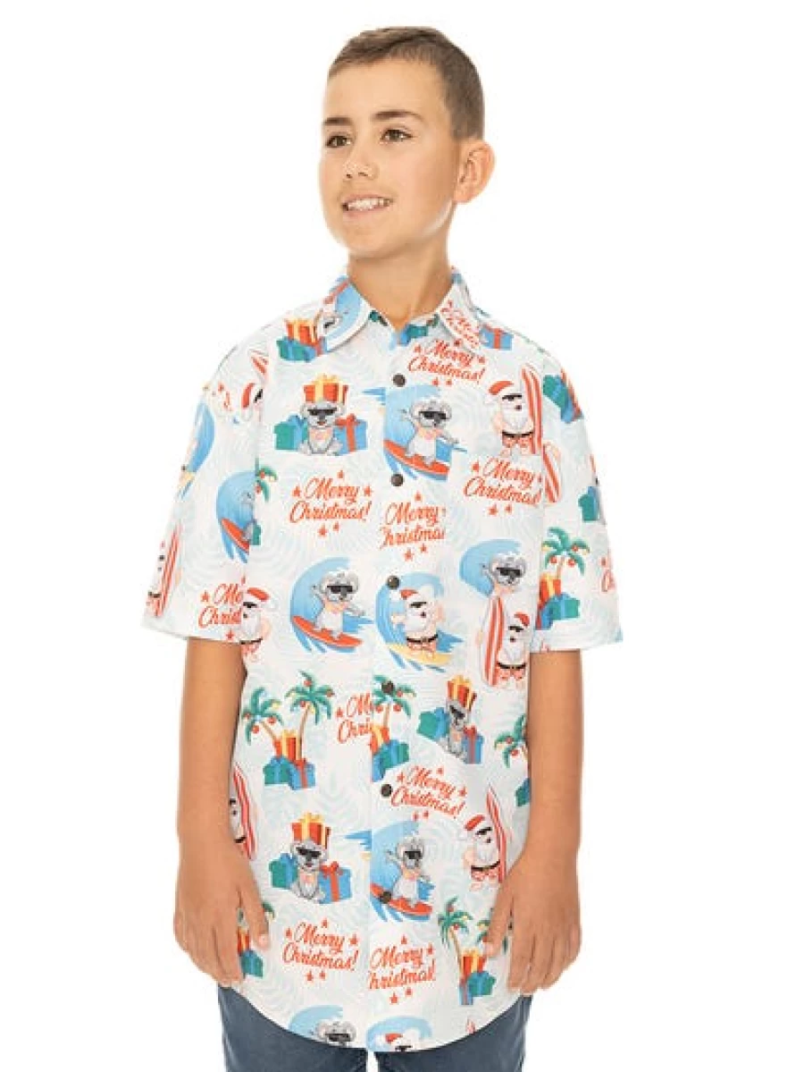 Men's Lowes White Christmas Shirt with Surfing Santa Print