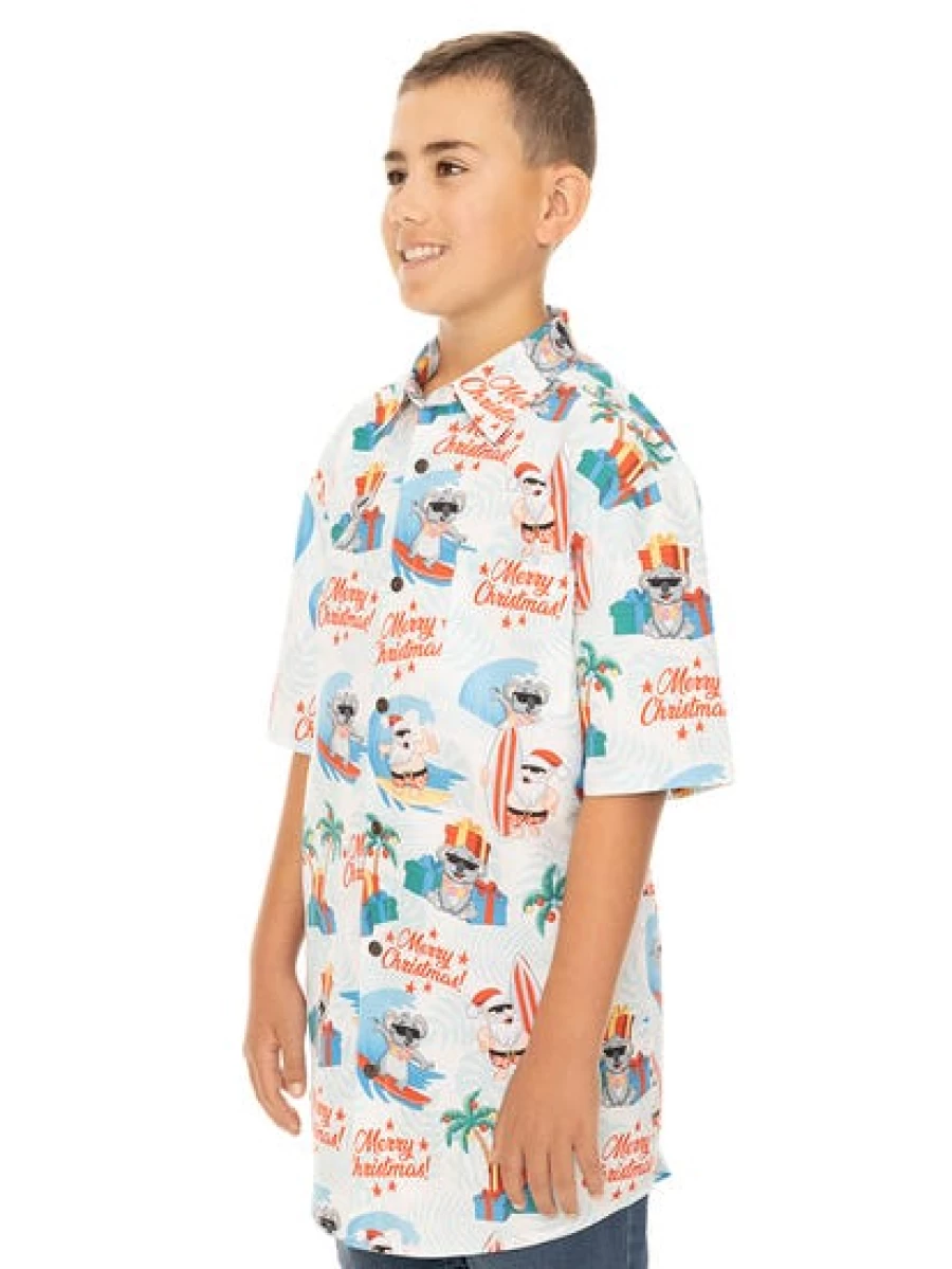 Men's Lowes White Christmas Shirt with Surfing Santa Print
